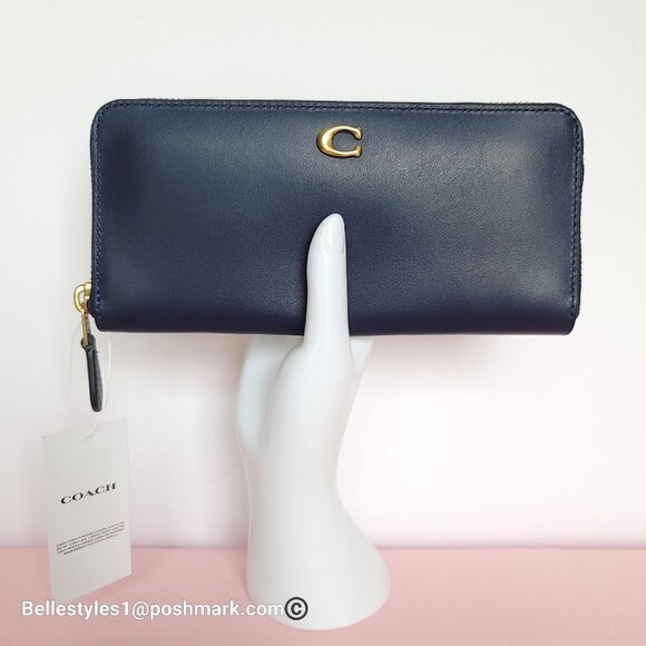 COACH Slim Accordion Smooth Leather Wallet with Back Slip Pocket- Dark Navy⭐ - Picture 1 of 16